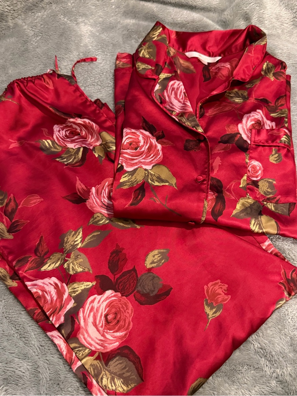 Victoria's Secret Red Satin Floral Pajama Set Large